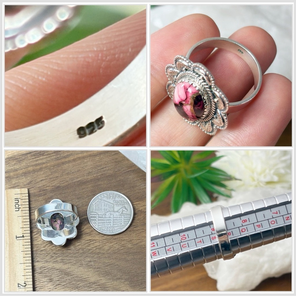 Pure Sterling Silver 925 Red Dahlia Turquoise Flower Navajo Style Ring Size 8.75 - Picture 9 of 10